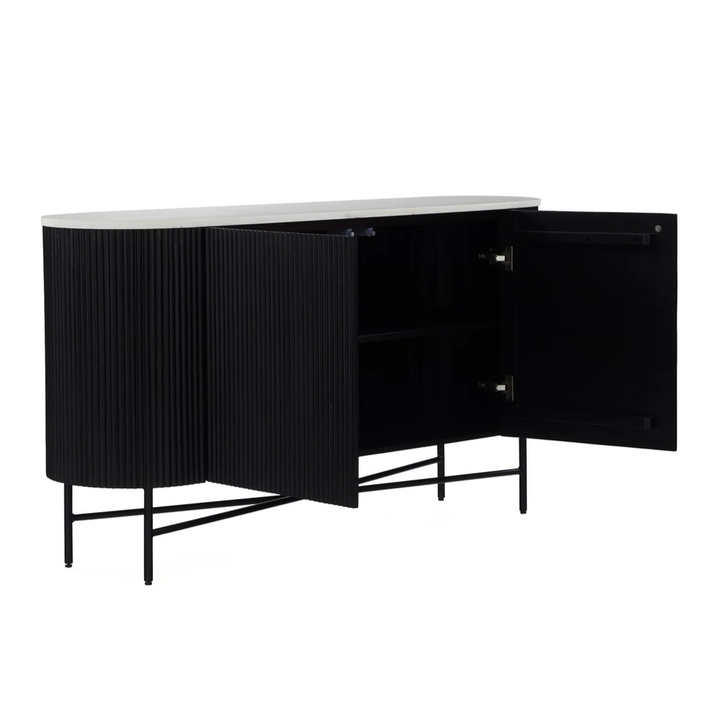 Miles Charcoal Fluted Mango & White Marble Large Curved Sideboard - The Furniture Mega Store