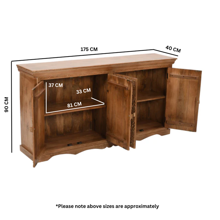 Carved Mango Wood Large 4 Door Sideboard - 175cm - The Furniture Mega Store