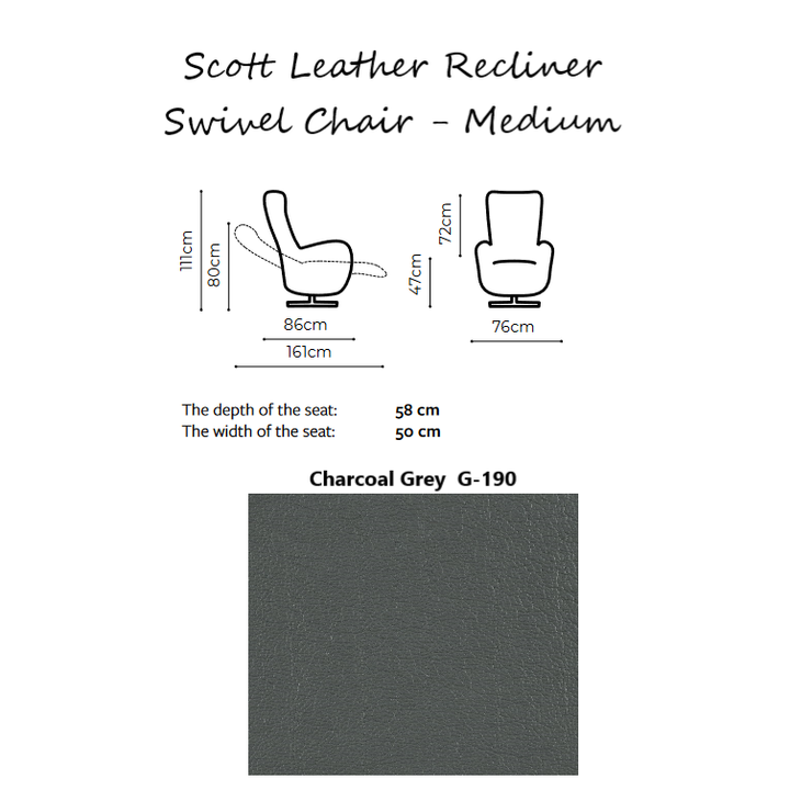 Scott Leather Recliner Swivel Chair - Choice Of Size & Power Or Manual Recliner - The Furniture Mega Store