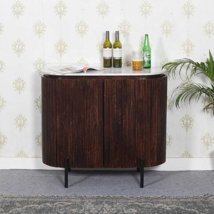 Opal Fluted Mango Wood & Marble Top Sideboard/Drinks Cabinet - 100cm - The Furniture Mega Store