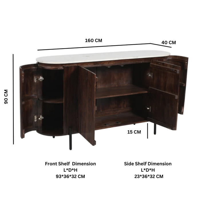 Opal Fluted Mango Wood & Marble Large Sideboard - 160cm - The Furniture Mega Store