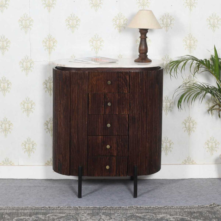 Opal Fluted Mango Wood & Marble Top Wide Chest Of 5 Drawers - The Furniture Mega Store