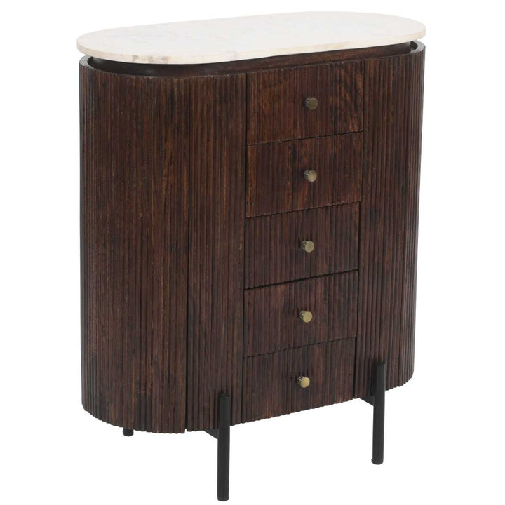 Opal Fluted Mango Wood & Marble Top Wide Chest Of 5 Drawers - The Furniture Mega Store