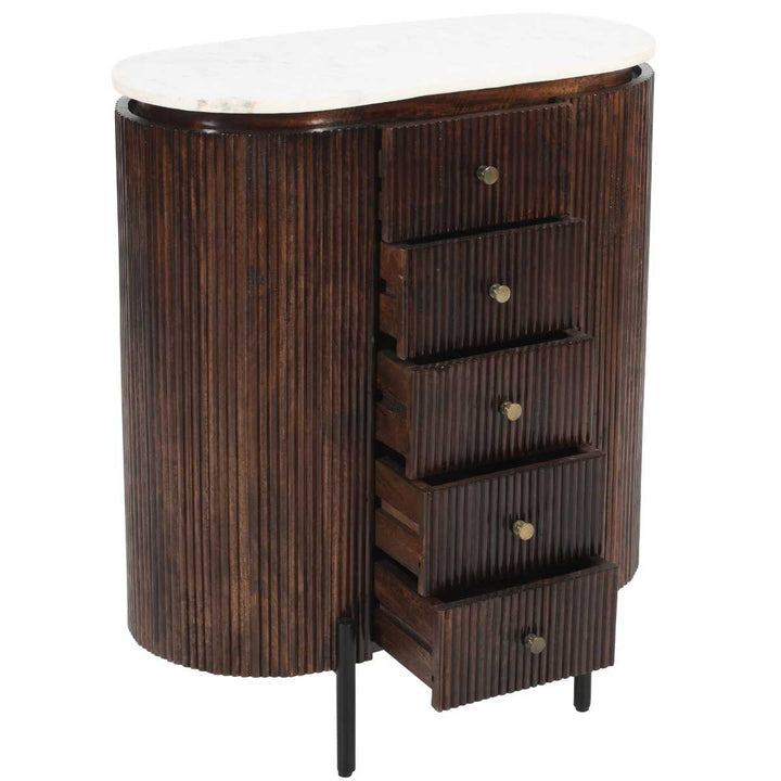 Opal Fluted Mango Wood & Marble Top Wide Chest Of 5 Drawers - The Furniture Mega Store