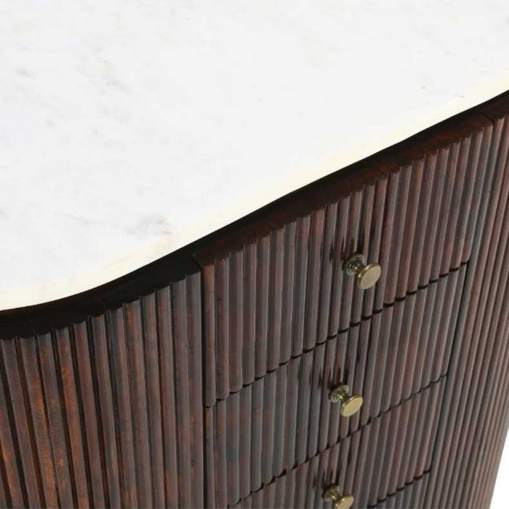 Opal Fluted Mango Wood & Marble Top Wide Chest Of 5 Drawers - The Furniture Mega Store