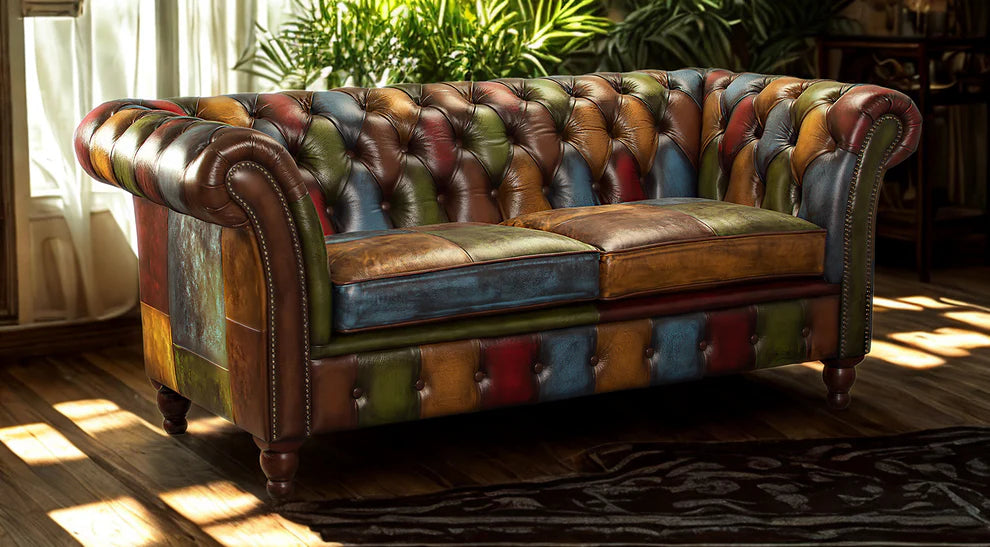 Chester Croft Rub Off Italian Leather Patchwork 2 Seater Sofa - Interior Envy