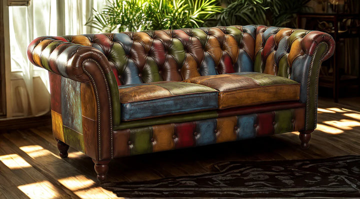Chester Croft Rub Off Italian Leather Patchwork 2 Seater Sofa - Interior Envy