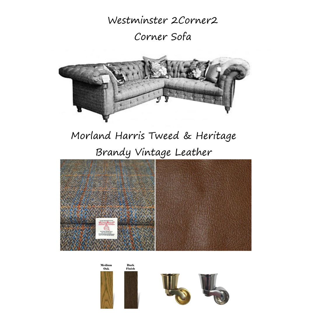 Westminster Buttoned Harris Tweed & Vintage Leather Chesterfield Corner ...