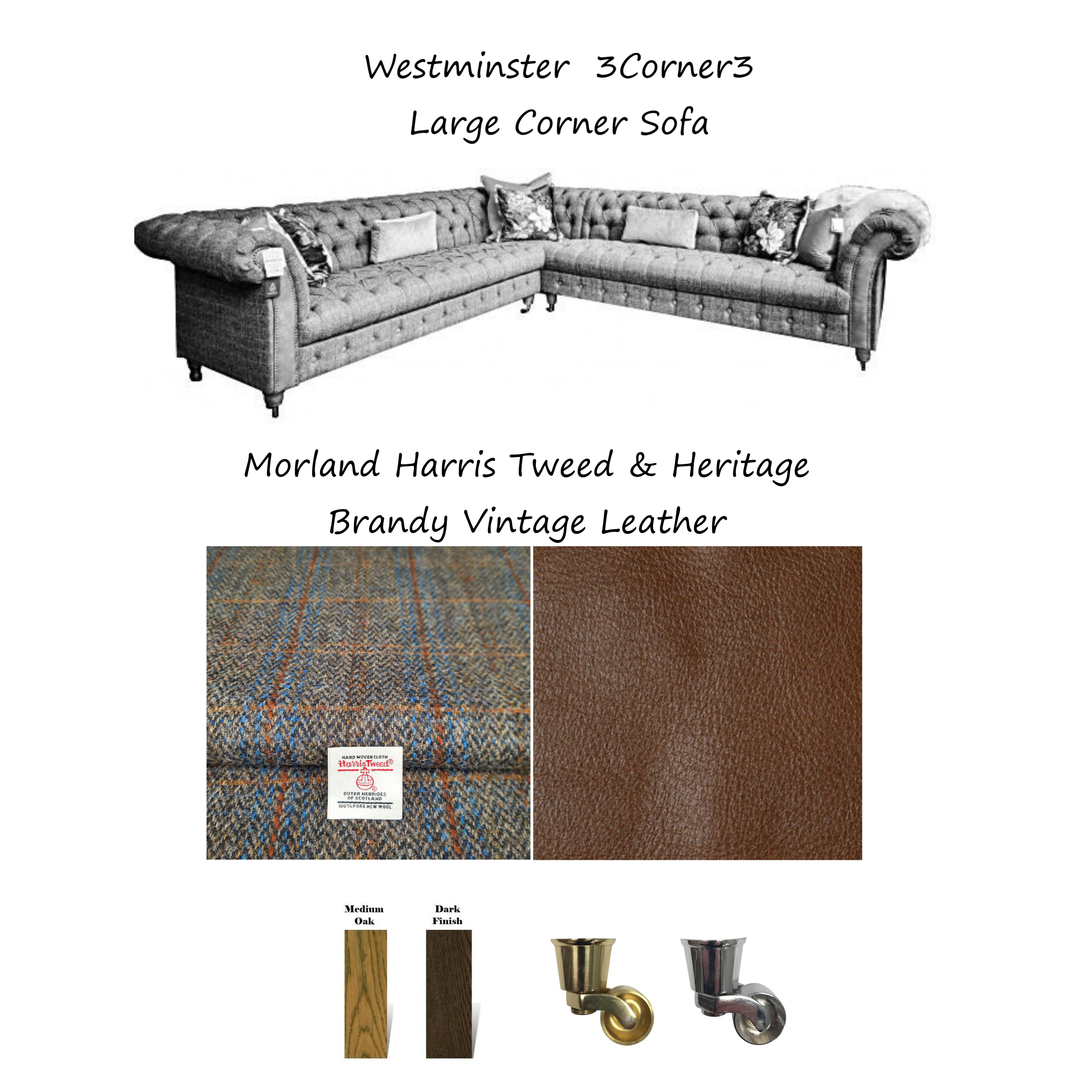 Westminster Buttoned Harris Tweed & Vintage Leather Chesterfield Corner ...