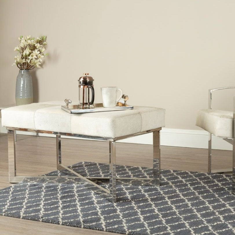 Townhouse Genuine White Leather & Stainless Steel Base Bench - The Furniture Mega Store 