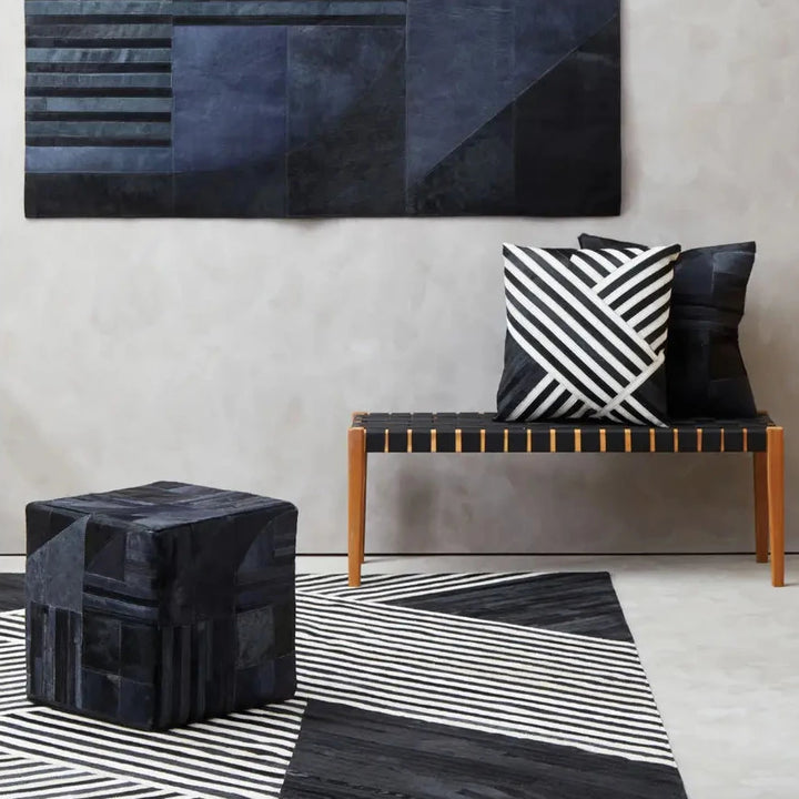 Safira Black & Grey Deco Print Leather Pouffe