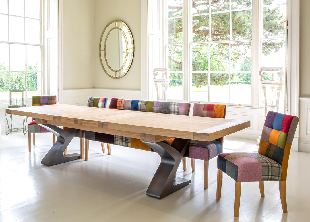 Windermere Monastery Extending Dining Oak Table with Metal Z Legs – Grey Oil Finish