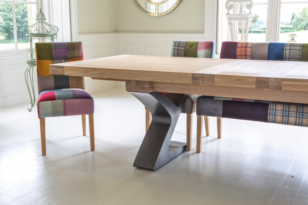 Windermere Monastery Extending Dining Oak Table with Metal Z Legs – Grey Oil Finish