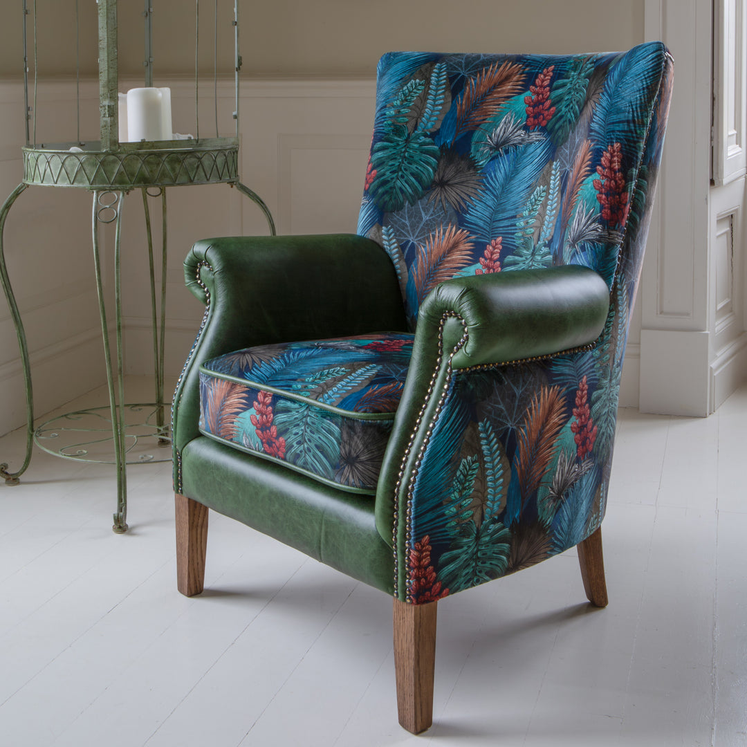 Hexham Chair in Kingfisher Fabric and Bottle Green Leather