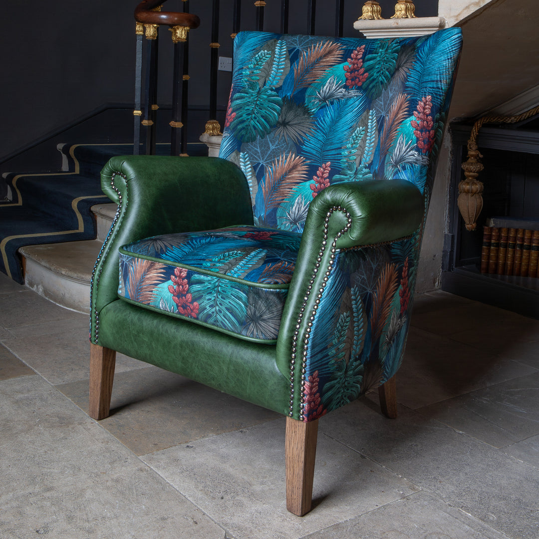 Hexham Chair in Kingfisher Fabric and Bottle Green Leather
