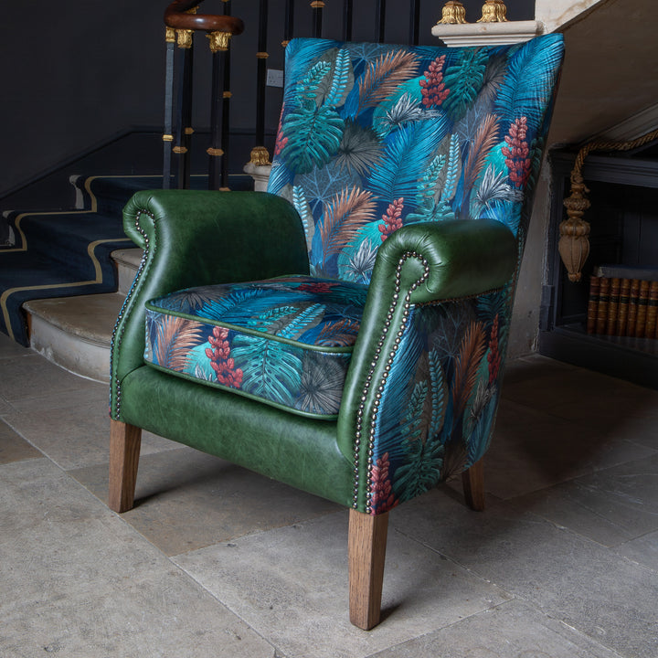 Hexham Chair in Kingfisher Fabric and Bottle Green Leather
