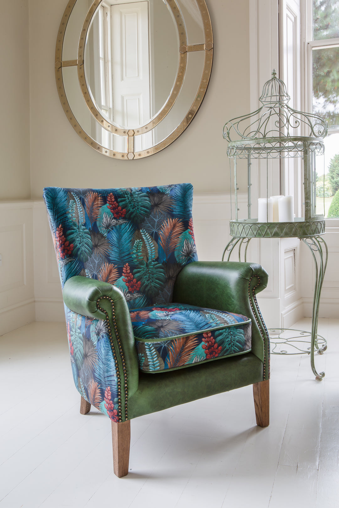 Hexham Chair in Kingfisher Fabric and Bottle Green Leather