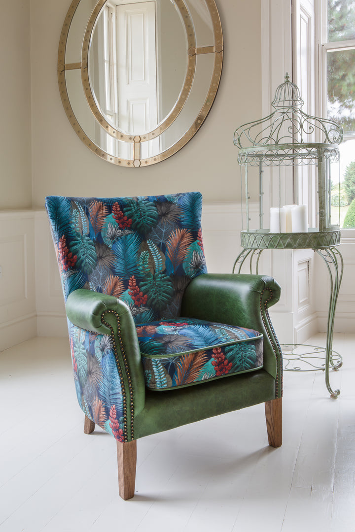 Hexham Chair in Kingfisher Fabric and Bottle Green Leather