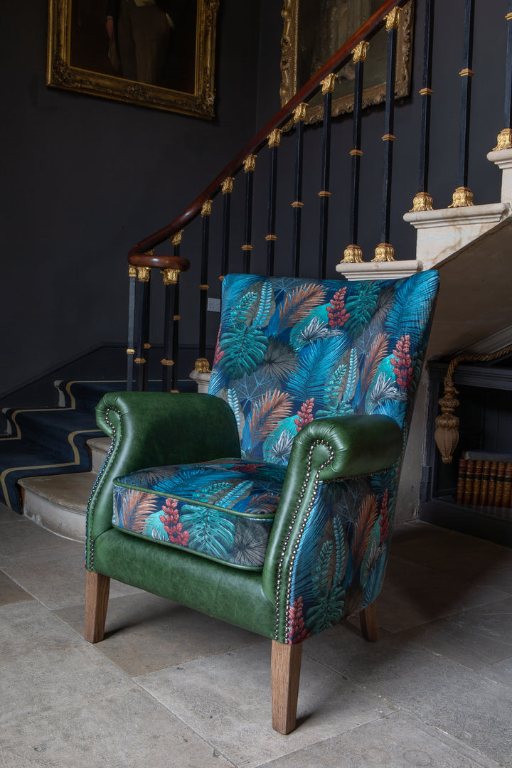 Hexham Chair in Kingfisher Fabric and Bottle Green Leather