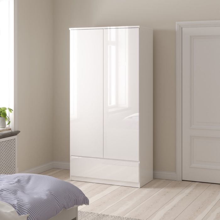 Naiah Wardrobe 2 doors + 1 drawer White High Gloss - Interior Envy