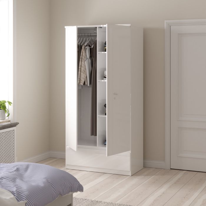 Naiah Wardrobe 2 doors + 1 drawer White High Gloss - Interior Envy