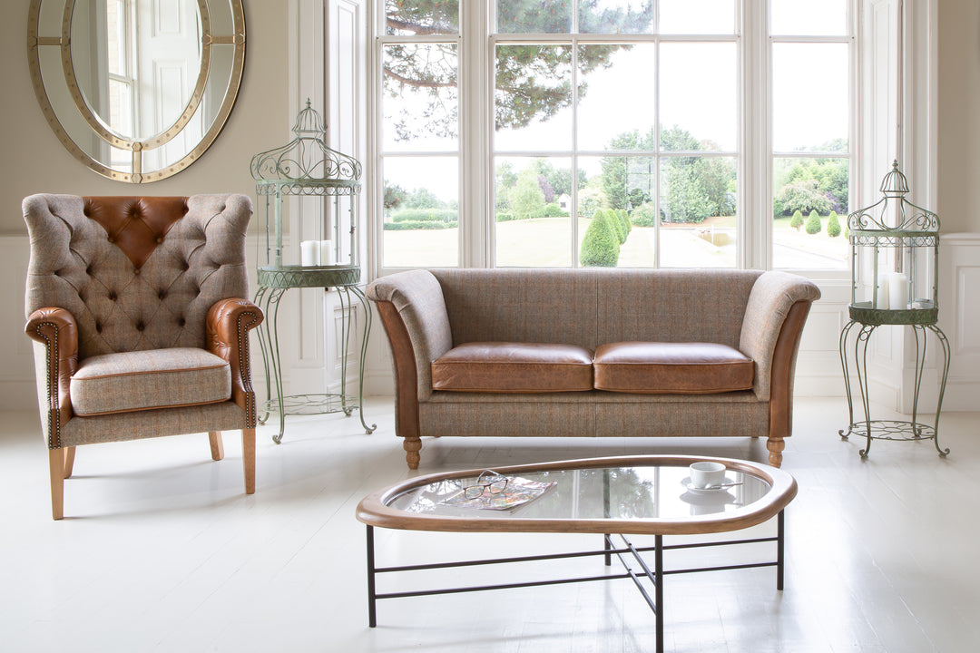 Louis 2 Seater Plain Back Sofa - Harris Tweed Leather seats - Interior Envy
