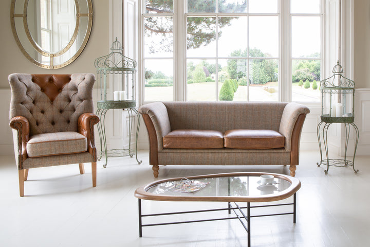 Louis 2 Seater Plain Back Sofa - Harris Tweed Leather seats - Interior Envy