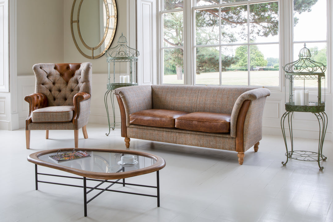 Louis 2 Seater Plain Back Sofa - Harris Tweed Leather seats - Interior Envy