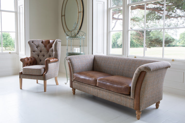 Louis 2 Seater Plain Back Sofa - Harris Tweed Leather seats - Interior Envy