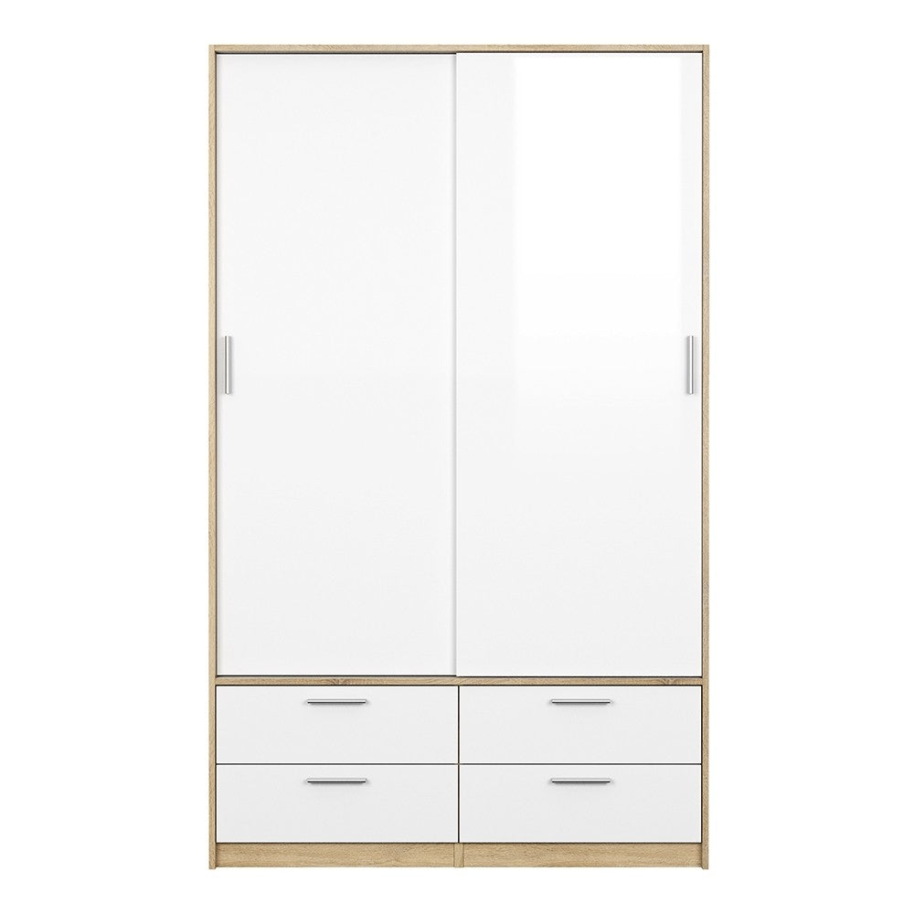 Line Wardrobe - 2 Doors 4 Drawers - Oak & White High Gloss - The Furniture Mega Store 