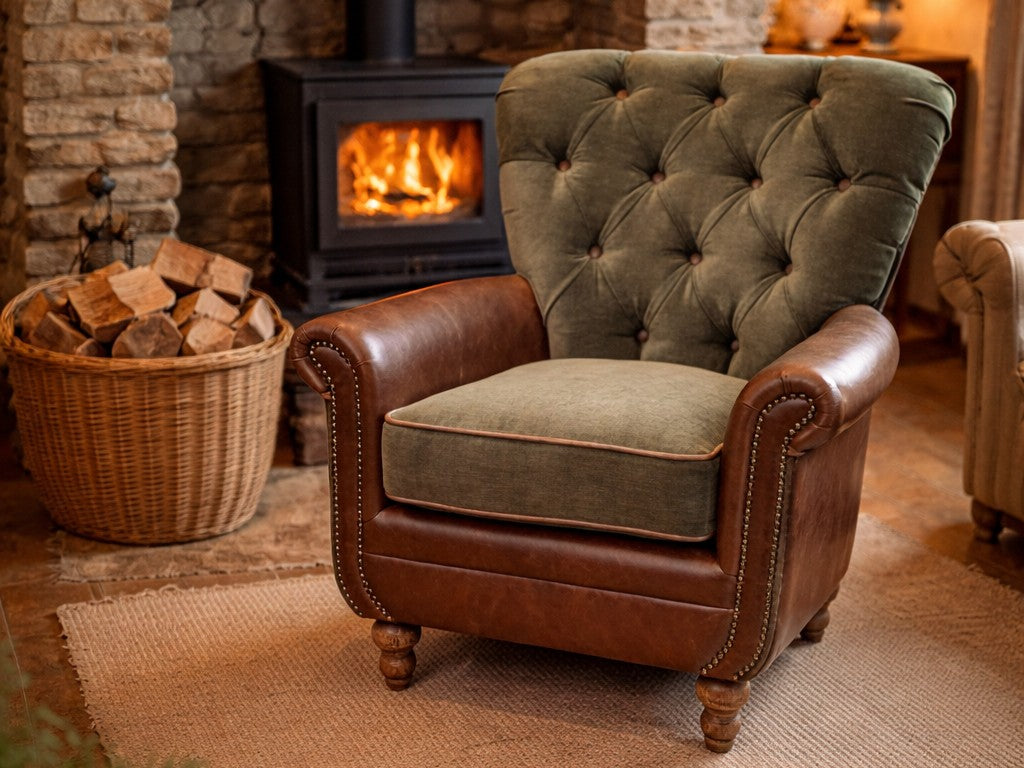 Wilford Buttoned Back Armchair in Fudge Leather & Verona Seaweed - Interior Envy