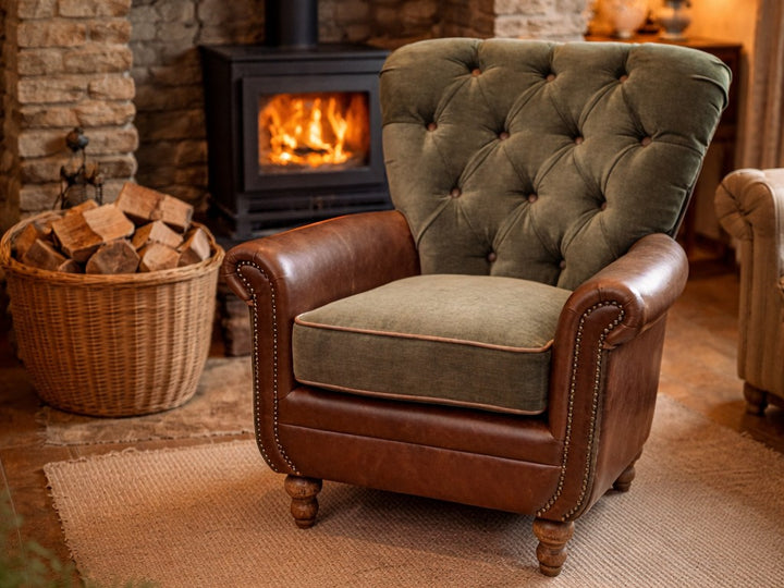 Wilford Buttoned Back Armchair in Fudge Leather & Verona Seaweed - Interior Envy