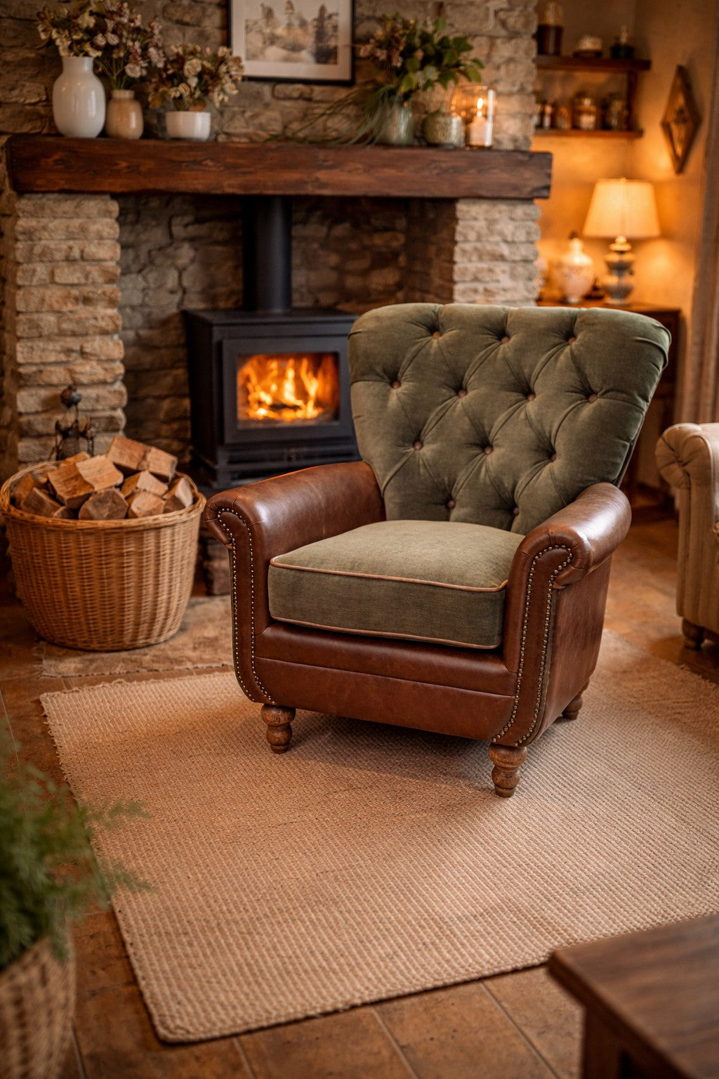 Wilford Buttoned Back Armchair in Fudge Leather & Verona Seaweed - Interior Envy