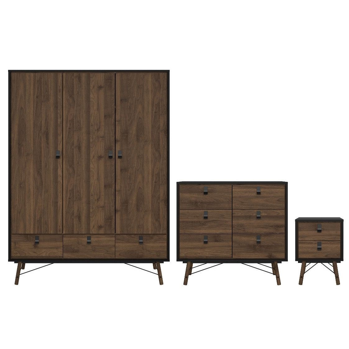 Rena Package 3 Door 3 Drawer Wardrobe + Double chest 6 drawers + 2 Drawer Bedside cabinet Matt & Walnut