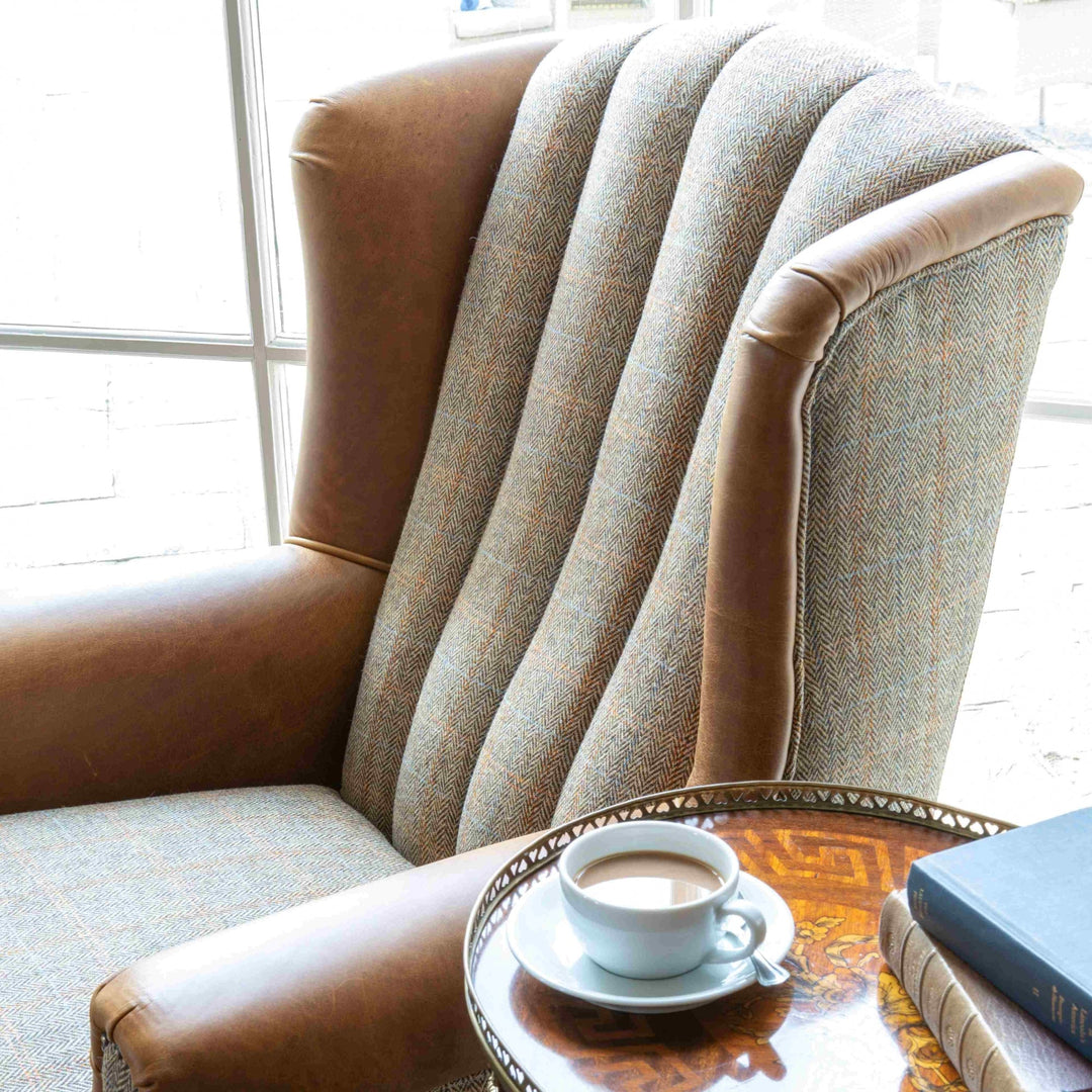 Harris Tweed & Vintage Leather Fluted Wingback Armchair | Interior Envy