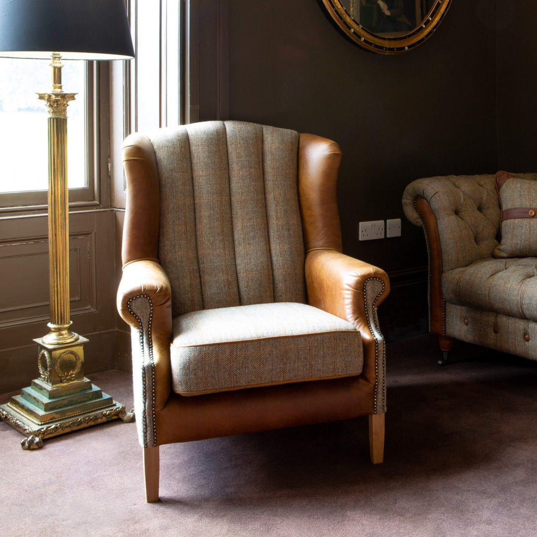 Harris Tweed & Vintage Leather Fluted Wingback Armchair | Interior Envy
