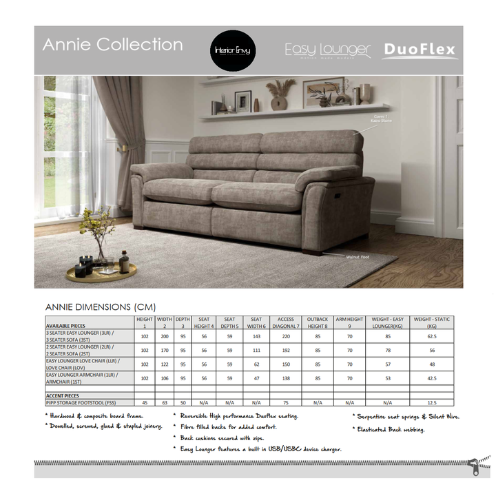 Annie Sofa Collection-Standard or Power Recliner With built in USB/USBC Charging Ports