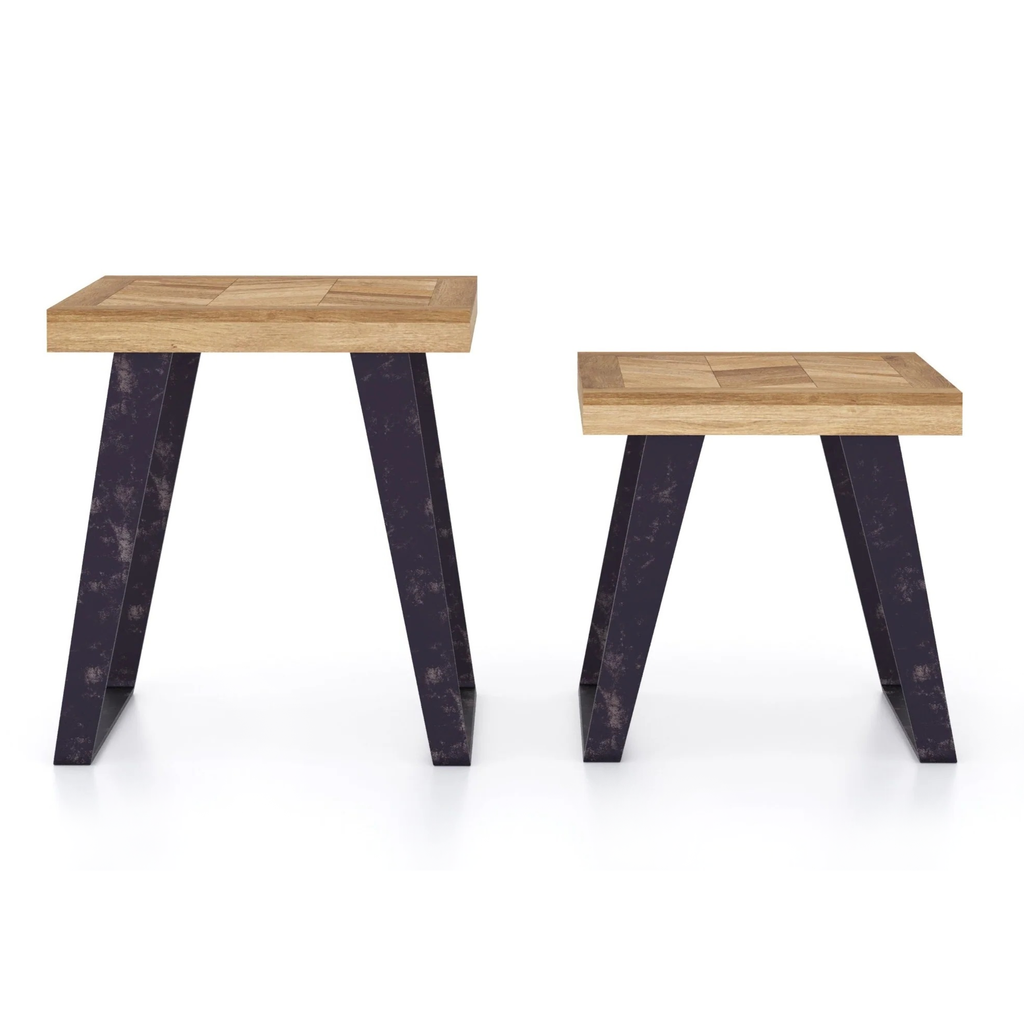 Agra Chevron Parquet Mango Wood Nest 2 Tables