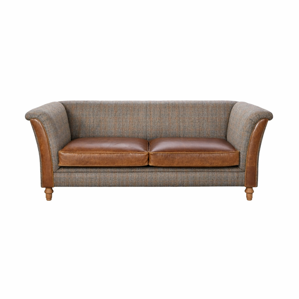 Louis 2 Seater Plain Back Sofa - Harris Tweed Leather seats - Interior Envy