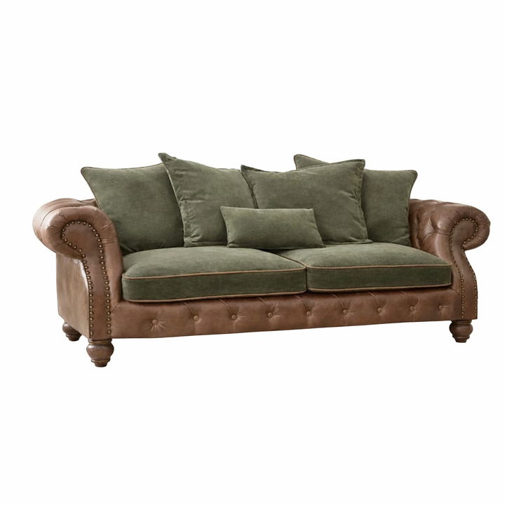 Elford 3 Seater Sofa in Verona Seaweed & Fudge Leather Arms - Interior Envy