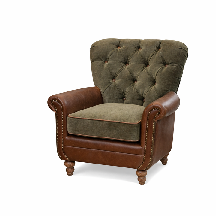 Wilford Buttoned Back Armchair in Fudge Leather & Verona Seaweed - Interior Envy
