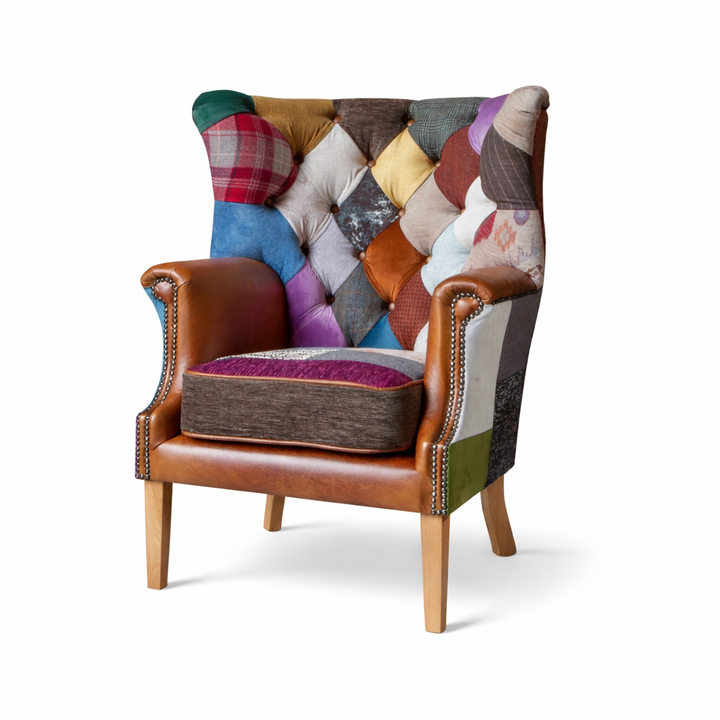 Kensington Vintage Leather, Moon Wool & Harris Tweed Patchwork Chesterfield Wing Back Chair - Interior Envy