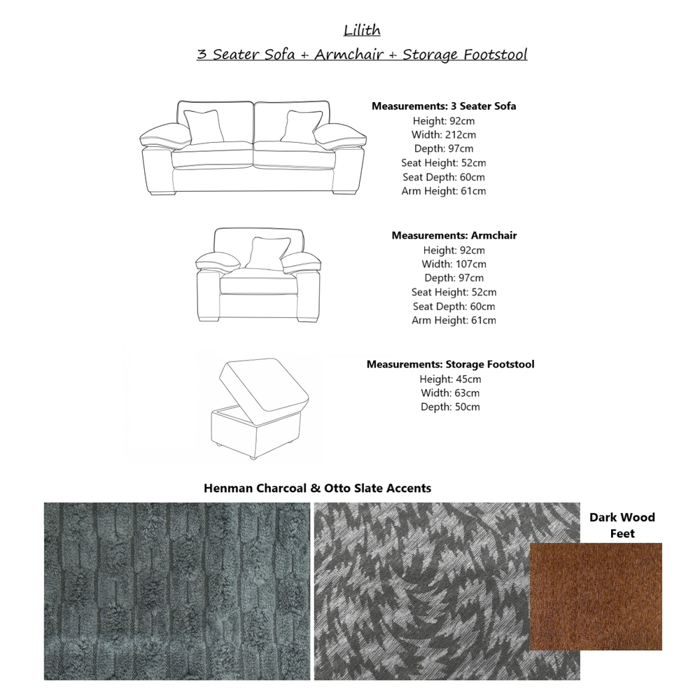 Lilith Fabric 3 Seater Sofa + Armchair + Storage Footstool Set - Choice Of Colours - Interior Envy