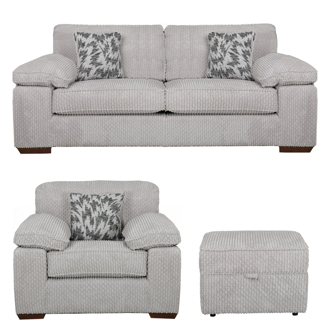 Lilith Fabric 3 Seater Sofa + Armchair + Storage Footstool Set - Choice Of Colours - Interior Envy