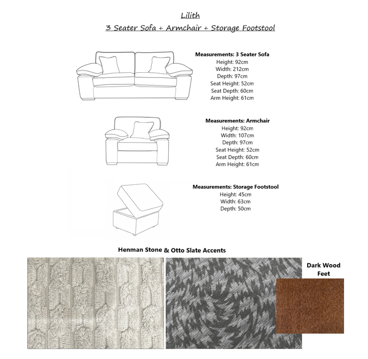 Lilith Fabric 3 Seater Sofa + Armchair + Storage Footstool Set - Choice Of Colours - Interior Envy