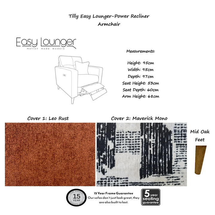 Tilly Easy Lounger Power Recliner Armchair & Love Chair Collection -  Intergrated USB/USB-C charging ports