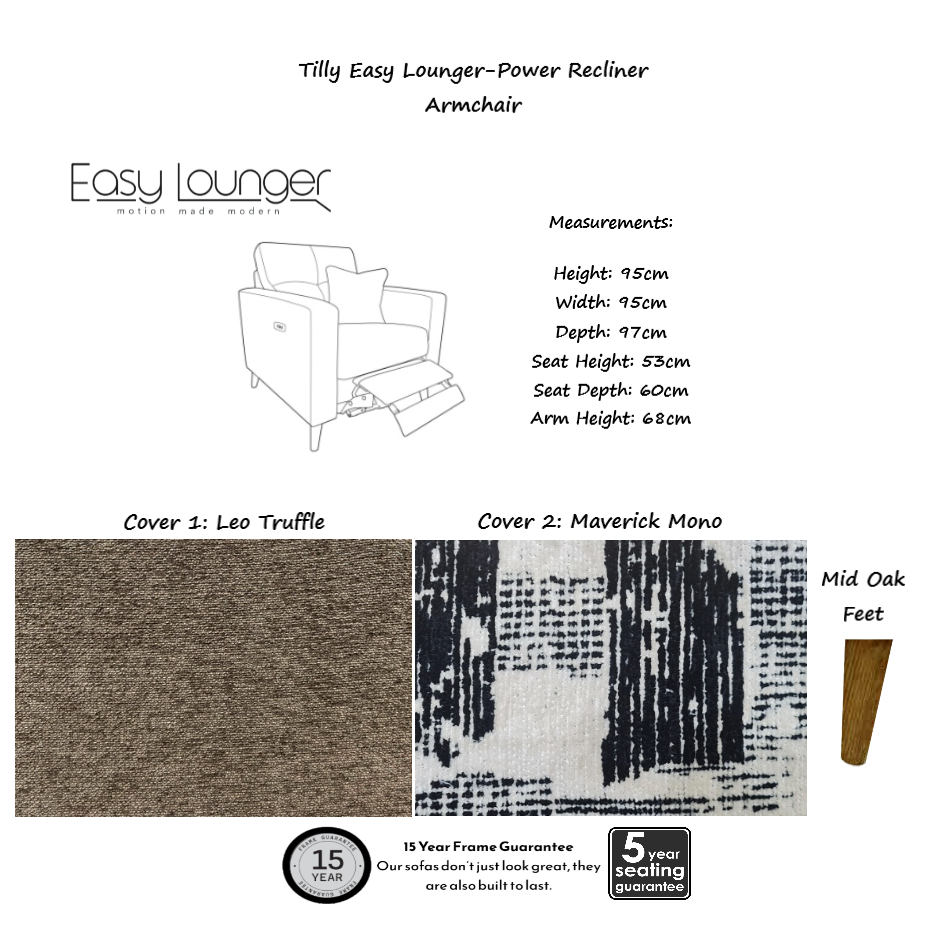 Tilly Easy Lounger Power Recliner Armchair & Love Chair Collection -  Intergrated USB/USB-C charging ports