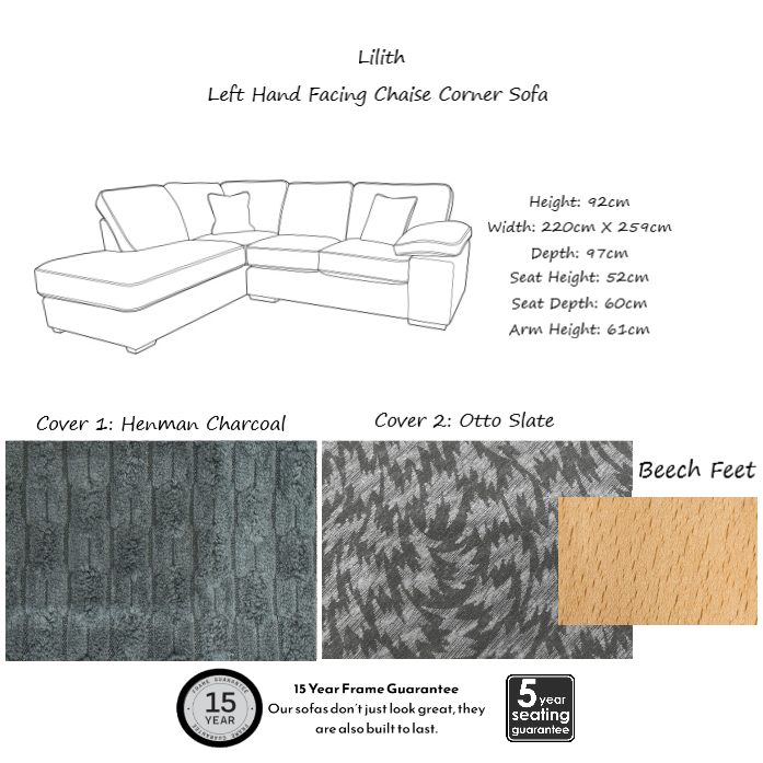 Lilith Fabric Chaise Corner Sofa - Choice Of Fabrics & Feet - Interior Envy