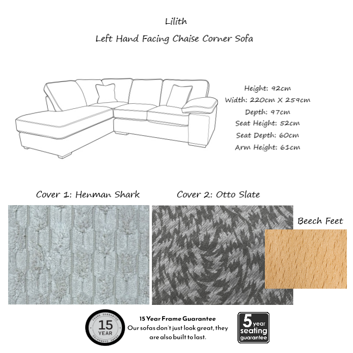 Lilith Fabric Chaise Corner Sofa - Choice Of Fabrics & Feet - Interior Envy