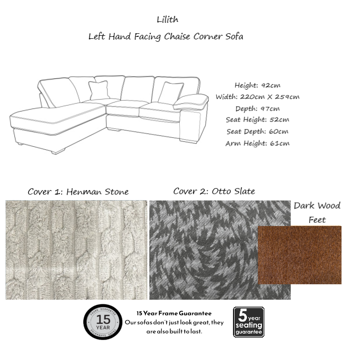 Lilith Fabric Chaise Corner Sofa - Choice Of Fabrics & Feet - Interior Envy